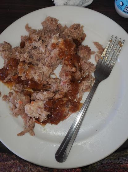A white plate with pile of inedible mystery meat and a fork