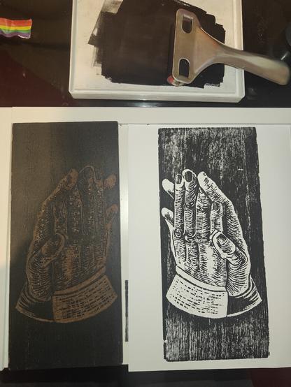 The inked block, tools for printing and the first test print are shown. The black background of the print is rough, clearly not enough paint and pressure used. The hands look fine and the lines show up well. The print is or rather would be quite dark , so more light areas need to be added for a better contrast. Even though this motif is of two people's hand touching on along the palms, it is reminiscent of Albrecht Dürer's praying hands.