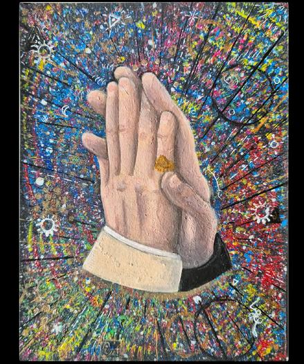 Acrylic painting of Aziraphale's and Crowley's hands during the dance scene. The background is super colourful, full of paint spots, markings, symbols lines and circles. It has also Aziraphale's ring in gold paint as well as lines and circles in gold but they don't really show on this pic.