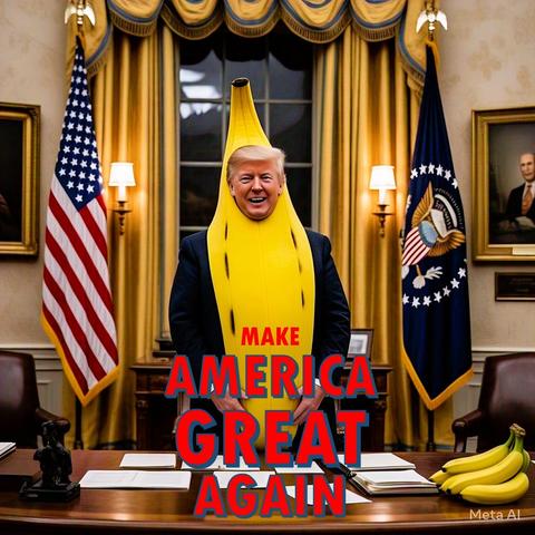 An AI generated photo of a prick called Ronald Tramp looking like the true idiot he is with his head poking out of a huge Banana skin, while standing behind the desk of his office of residency! On the desk is also a bunch of bananas possibly related to members of congress trying to decipher the new dictionary being used in the new administration. Sounds Orwellian to me. #Resistance is #Imperative.