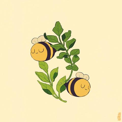 Two yellow bee’s surrounded by two green leafed plants on a solid yellow cream coloured background.