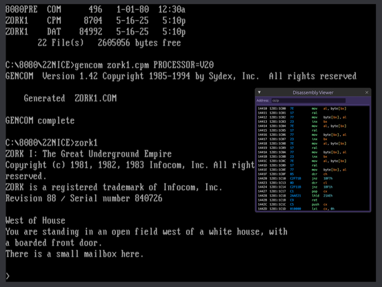 The CP/M-80 version of Zork I running in MartyPC on the V20 CPU.