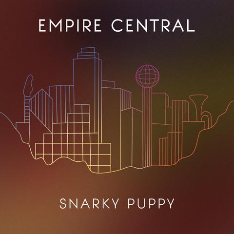 Album cover for Snarky Puppy's "Empire Central". A multi-coloured wash over the base in mauve (?) and a neon monoline design overlay representing a big city skyline, including a guitar and a horn.