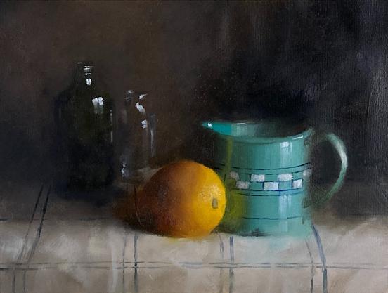 Oil painting of a still life with a green jug, lemon and bottles