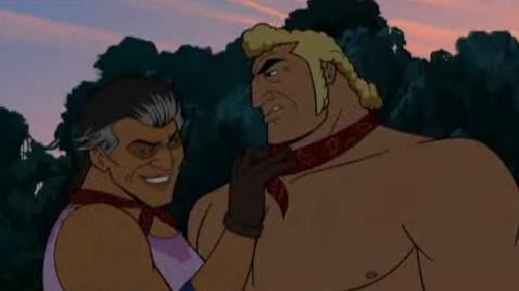 Ginnie a buff girl bodyguard tugging flirtaciously on brock's bandana