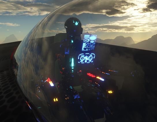 A robotic pilot seated in a cockpit with an electronic, holographic display.