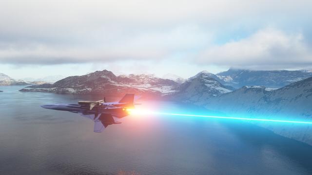 A large delta-winged airplane carrying a smaller aircraft on its back as it moves at high speed over a nearly-frozen lake, propelled by a glowing spike of orange and blue flame.  Snow-capped mountains rise in the distance.