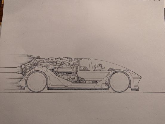 A ballpoint drawing of a speeding car from last year's Inktober.  Its massive rear-mounted engine suggests high speeds.  The driver is a dog of some kind wearing sunglasses.