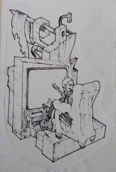 An ink sketch of an old bald man sitting in an easy chair pointing a remote control at an oversized and complicated television-like device.