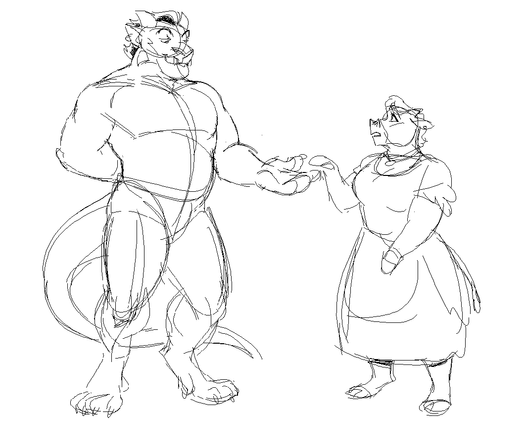 A doodle of Daryl, a male dragon-gargoyle hybrid with his hand out towards a busty anthro cow lady, as a way to invite her to dance with him.