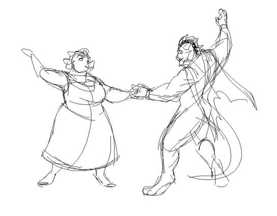 Another doodle of Daryl, dancing the waltz with the busty anthro cow lady, this time with both onto to one hand and extending their other arms outwards.