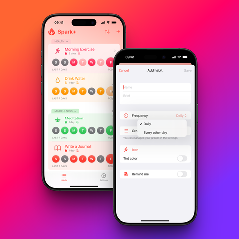Two smartphones display a habit-tracking app called “Spark.” The left phone shows a dashboard with habits like “Morning Exercise,” “Drink Water,” “Meditation,” and “Write a Journal,” each with colored circles representing days of the week and completion status. The right phone shows the “Add habit” screen, where users can enter a habit name, set frequency (daily or every other day), choose a group, select an icon and tint color, and enable reminders. The background is a vibrant gradient of pink, orange, and purple.