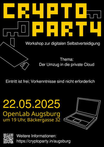 Schwarzes Plakat zur Cryptoparty am 22.05.2025.