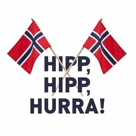 Bilde av 2 norske flagg som er lagt i kryss over teksten HIPP, HIPP, HURRA 

Picture of 2 Norwegian flags crossed over the text HIPP, HIPP, HURRA