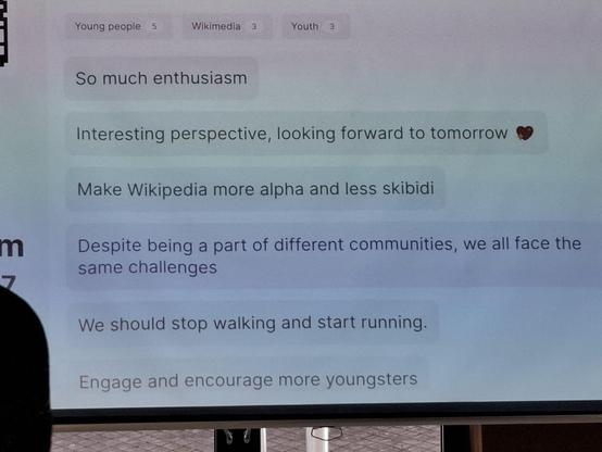 Presentation open response section. Question is "what is your key takeaway from today?", one response writes "Make Wikipedia more alpha and less skibidi".