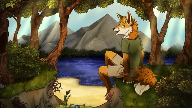 Anthro furry art of me as an anthro fox, sitting in a forest with a lake, patch of sand, trees, and a mountain in front of me as I gaze back smiling at the viewer pov.