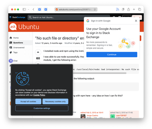 A screenshot of a Safari window open to a Stack Exchange page. The page is largely obscured by two giant popups, one asking for cookie permission and the other asking me to use my Google Account to sign in.
