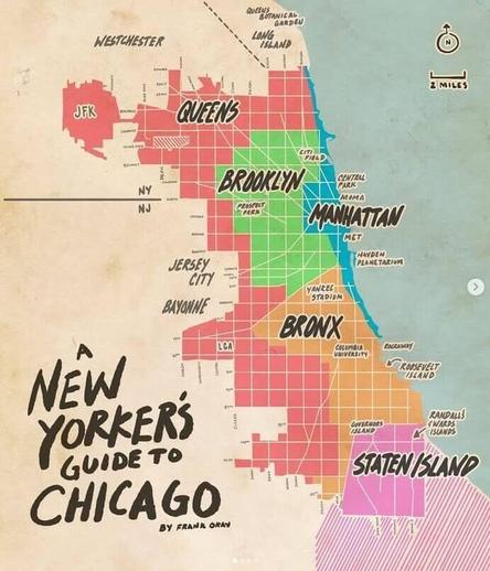 This is a map of New York overlaid on the map of Chicago, titled "A New Yorker's Guide to Chicago" by Frank Okay. New York's boroughs (Queens, Brooklyn, Manhattan, Bronx, Staten Island) are placed over corresponding areas in Chicago.