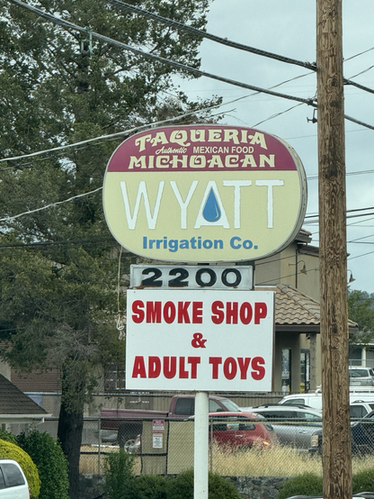 Commercial sign advertising Mexican food, smoke shop, irrigation supplies and services, and sex toys