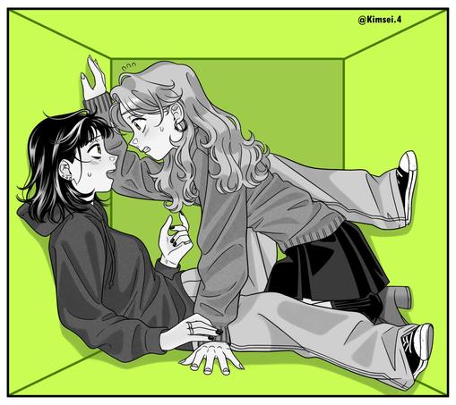 Danbooru tags: 2girls between_legs blush commentary ear_piercing earrings english_commentary eye_contact flying_sweatdrops green_background greyscale_with_colored_background highres hood hood_down hoodie hoop_earrings jewelry kimsei kininatteru_hito_ga_otoko_ja_nakatta koga_mitsuki long_hair long_sleeves looking_at_another medium_hair mole mole_under_eye multiple_girls multiple_rings nail_polish oosawa_aya open_mouth pants piercing pleated_skirt ring skirt stuck_in_a_box sweater twitter_username wavy_hair yuri