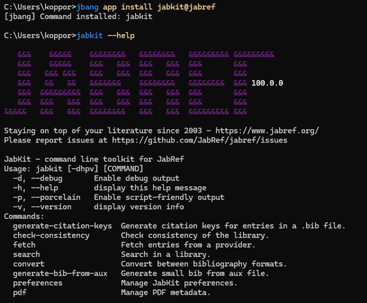 Result for jbang app install and then jabkit --help on the command line. jabkit shows help output.