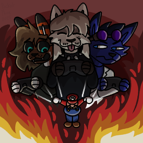 Phox, Jacque, and Sky, looking despaired, silly, and angry respectively, all holding video game controllers that are connected by spectral puppet strings to Mario, who is suspended crucifixtion-style over flames