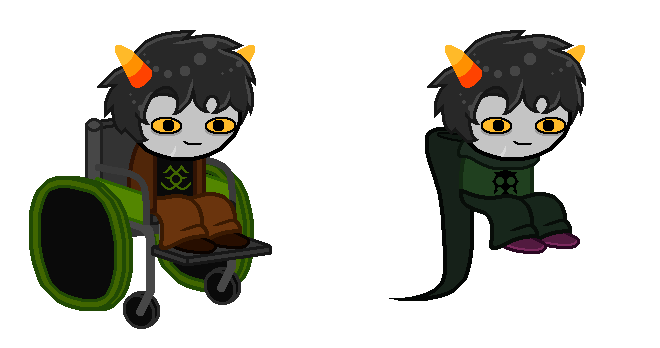 Two stylized Homestuck walksprites of a troll!GoodTimesWithScar. The left sprite shows his default outfit and the right sprite shows his god tier outfit (Heir of Doom).