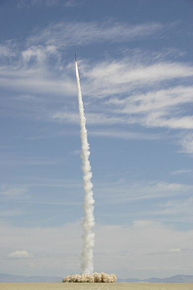 Wikipedia caption as presented (I am the photographer and uploaded it to Wikipedia):

Description 	The "CSXT Space Shot 2004" by the Civilian Space eXploration Team (CSXT) was the first amateur rocket launch to space. The rocket launched at 11:12AM US Pacific Time on May 17, 2004 at the Black Rock Desert in northwestern Nevada. (An amateur rocket means everyone working on it did so as a volunteer.) The rocket reached an altitude of 72 miles (115 km), the first amateur rocket to exceed the Karman Line of 62.1 miles (100 km) required to claim a space flight.
Date 	17 May 2004
Source 	Own work
Author 	Ian Kluft
Camera location	40° 43′ 29.64″ N, 119° 15′ 38.88″ W