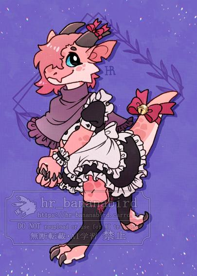 Digital art of a kobold girl with pink scales, gray horns and blue eyes. She is wearing a black maid outfit with a white frilly apron, purple poncho, black socks and a red bow tied to her tail.  She is standing against a purple background, walking towards the left and clasping her hands together with a smile.