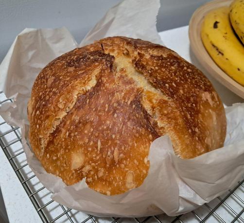 a round of golden brown bread cools on the counter