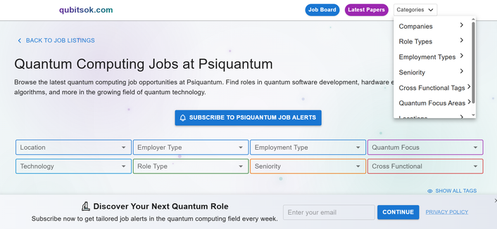 Screenshot showing some of the categories you can search by and other features of this website such as "Job Board."  The Job Board feature has many search facets that you can filter the listings by.
