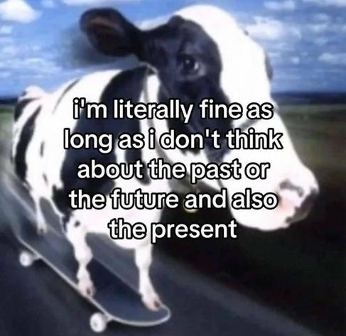 Still image. Cow on a skateboard zipping along a road. Text reads:

i'm literally fine as long as i don't think about the past or the future and also the present