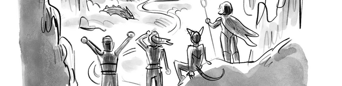Art by ND Stevenson
Shot of Bow, Catra, Adora, and Glimer looking toward something while standing on a rock.