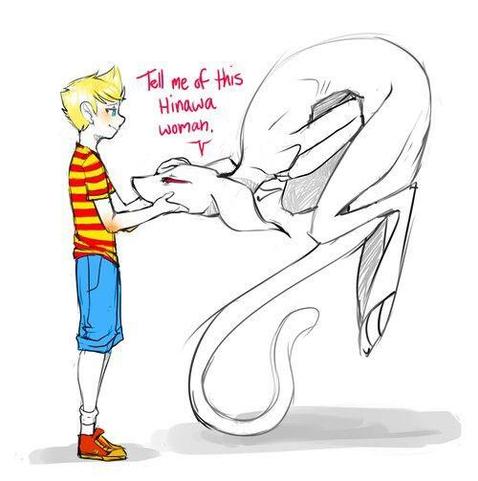 A sketchy drawing depicting Lucas from Mother 3 cradling and petting the head of Giegue from Mother, who appears relaxed and is floating curled up into the air. Above Giegue's head is red dialogue that says "Tell me of this Hinawa woman..."