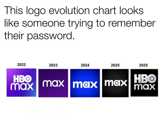 Image showing a series of HBO Max logo changes from 2022 to 2025, with varying styles and colors. Caption says it looks like someone trying to remember their password.