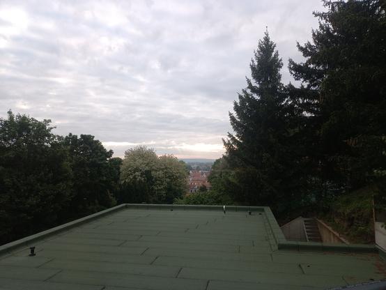Blick aus dem Fenster. Vordergrund mit Flachdach. Links + rechts Bäume und Sträucher. Im Hintergrund Häuser bzw. deren Dächer und am Horizont ist der bedeckte Himmel zu sehen.