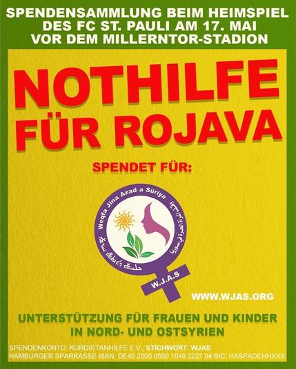 **Hauptinhalt:**

Das Bild ist ein Poster für eine Spendenaktion. Im Mittelpunkt steht der Text "NOTHILFE FÜR ROJAVA", der groß und in roter Schrift geschrieben ist, um die Dringlichkeit und Wichtigkeit der Hilfsaktion zu betonen. Darunter steht der Text "SPENDET FÜR:", gefolgt von einem Symbol, das eine stilisierte Venus darstellt. Innerhalb dieses Symbols befindet sich ein Emblem mit einer stilisierten Darstellung einer Frau und einer Sonne.

**Hintergrundumgebung:**

Der Hintergrund ist einfarbig gelb, was dem Poster eine hohe Sichtbarkeit verleiht.

**Farbdetails:**

*   Rot: Für den Haupttext "NOTHILFE FÜR ROJAVA", um Aufmerksamkeit zu erregen.
*   Gelb: Für den Hintergrund.
*   Lila/Violett: Für das Venus-Symbol und das Emblem.
*   Grün: Für die Blätter im Emblem.
*   Weiß: Für den Text und die Grafiken innerhalb des Emblems.

**Emotionale Ausdruck:**

Das Poster zielt darauf ab, Mitgefühl und Solidarität hervorzurufen, um Spenden für Frauen und Kinder in Not zu mobilisieren.

**Detaillierte Nahaufnahmen:**

*   **Venus-Symbol:** Dieses Symbol ist international als Zeichen für Weiblichkeit bekannt. Es wird hier verwendet, um auf die Notwendigkeit hinzuweisen, Frauen in Rojava zu unterstützen.
*   **Emblem:** Die stilisierte Darstellung einer Frau im Emblem könnte als Symbol für Stärke und Widerstandsfähigkeit der Frauen in der Region interpretiert werden. Die Sonne könnte Hoffnung und Erneuerung symbolisieren.
*   **T