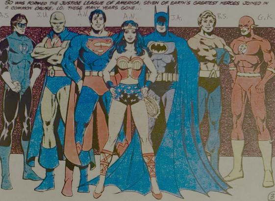 From The Brave and the Bold comic book, isssue 28, (1964) this issue isfirst formation of what would become The Justice league — in this page panel; each hero is lined up left to right: Green Lantern, SuperMan, Batman, Auquaman, and The Flash.