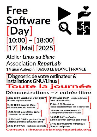 Affiche du Free Software Day au Blanc avec les différentes démonstrations proposées.
