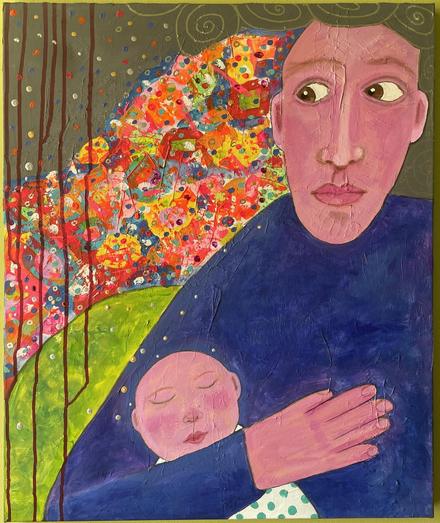 Painting: an adult wearing a blue sweater holds a sleeping toddler in his arms. The toddler is wearing a romper with small, light turquoise dots. The adult is looking anxiously to the left. Different colored patterns form the background of the picture. Red paint has run over the left side of the picture