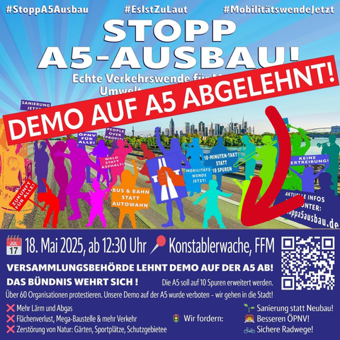Plakat der Anti-A5-Demo am 18. April um 12:30 Uhr in Frankfurt an der Konstablerwache.