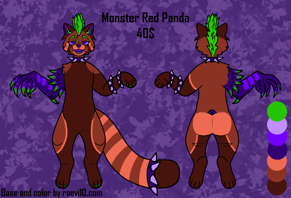 an anthro red panda of burnt umber with a green mohawk, purple eyes mouth and spiked collar accessories, and a purple monster arm, they have relatively normal red panda markings otherwise