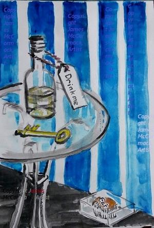 G. (jul17).
Alice's Containers 

"..she found a little bottle on it ("which certainly was not here before,” said Alice), and tied round the neck of the bottle was a paper label, with the words “DRINK ME” beautifully printed on it in large letters.....