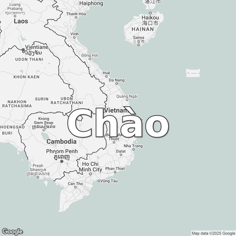 Map of Vietnam overlaid with a translation of the word "hello": Chào.