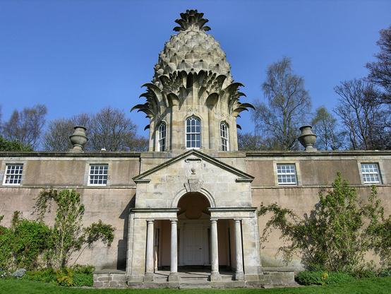 The Dunmore Pineapple. The image shows a front view of a brownish grey building stretching across the bottom half of the frame with a classical portico in the centre supported by columns. Built on top of the centre of the structure is a huge stone pineapple with its lower part surrounded by windows. The sky is blue. There are the tops of trees in the background.