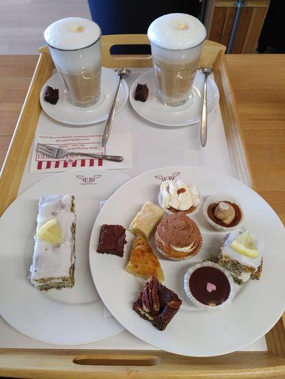 Auf einem weißen Tablett stehen vorne zwei Teller mit Kuchen, hinten zwei Gläser mit Latte Macchiato. Auf den Kuchentellern befinden sich ein rechteckiges Stück Zitronen-Mohn-Kuchen (links) und neun Kuchen im Miniaturformat (rechts). Mit dabei sind zwei verschiedene Brownies, ein Tiramisú-Cupcake, ein Banoffee Pie und ein Stück Zitronen-Mohn-Kuchen.