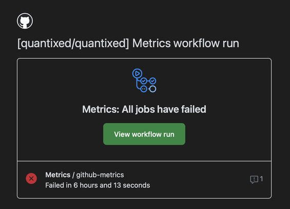 email from GitHub telling me that my daily GitHub action has failed. It's a repo called Metrics that makes a nice summary of my GitHub stats on my homepage.