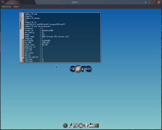 The image shows a QEMU virtual machine interface with a blue gradient background. In the top left corner, there is a terminal window displaying a Linux command-line interface. The terminal shows the output of several commands, including "pwd" which returns "/home/tc", "whoami" which returns "tc", and "cat /proc/cpuinfo" which provides detailed information about the CPU, such as the processor, vendor ID, CPU family, model name, and frequency. The terminal window is titled "tcbox[@]tcbox:~$". The bottom of the screen features a desktop bar with icons for various applications, including a paintbrush, a text editor, a terminal, and a file manager. The word "core" is prominently displayed in the center of the screen, stylized with a globe icon replacing the letter 'o'. The overall layout and design suggest a minimalistic and functional user interface.

Ovis2-8B

🌱 Energy used: 0.195 Wh