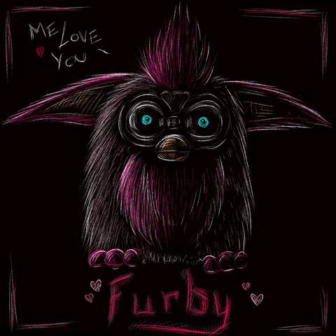 Dark stylized illustration of a pink Furby toy with a blank expression and piercing blue eyes starting at the viewer.

Text: [top left] "me love you"
[bottom center] "Furby"