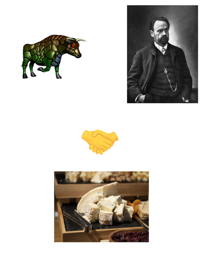 a collage showing:
top row: Gorgon from HOMM3, and Emile Zola
second row: handshake emoji
third row:
Photo of the cheese Gorgonzola